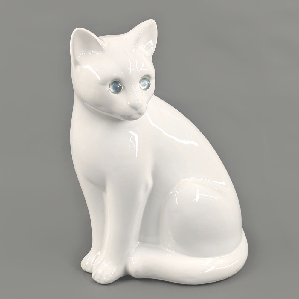 ELFA Alcobaca Portugal White Ceramic Cat Figurine Blue Glass Eyes 10.25 Inch